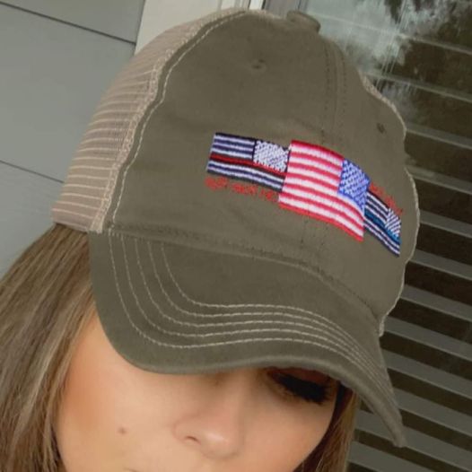 Three Flag (Red line flag for fire, Blue line Flag for police & American flag) For Which I Stand Trucker Ha