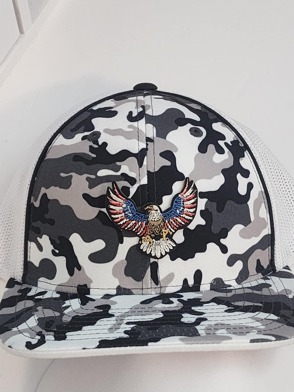 American Eagle Patched Pacific Headwear Snow Camo Flexfit Trucker Hat