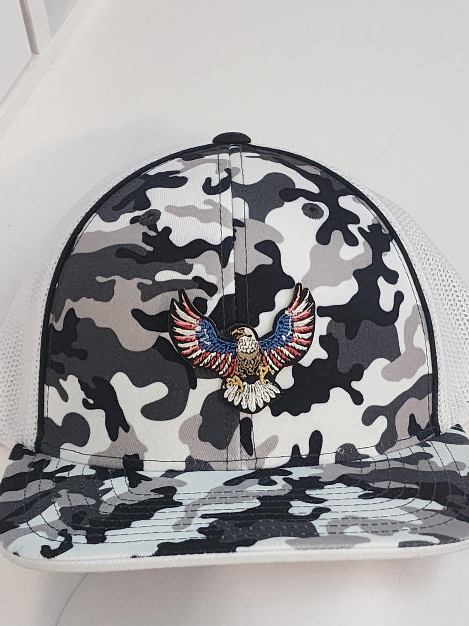 American Eagle Patched Pacific Headwear Snow Camo Flexfit Trucker Hat