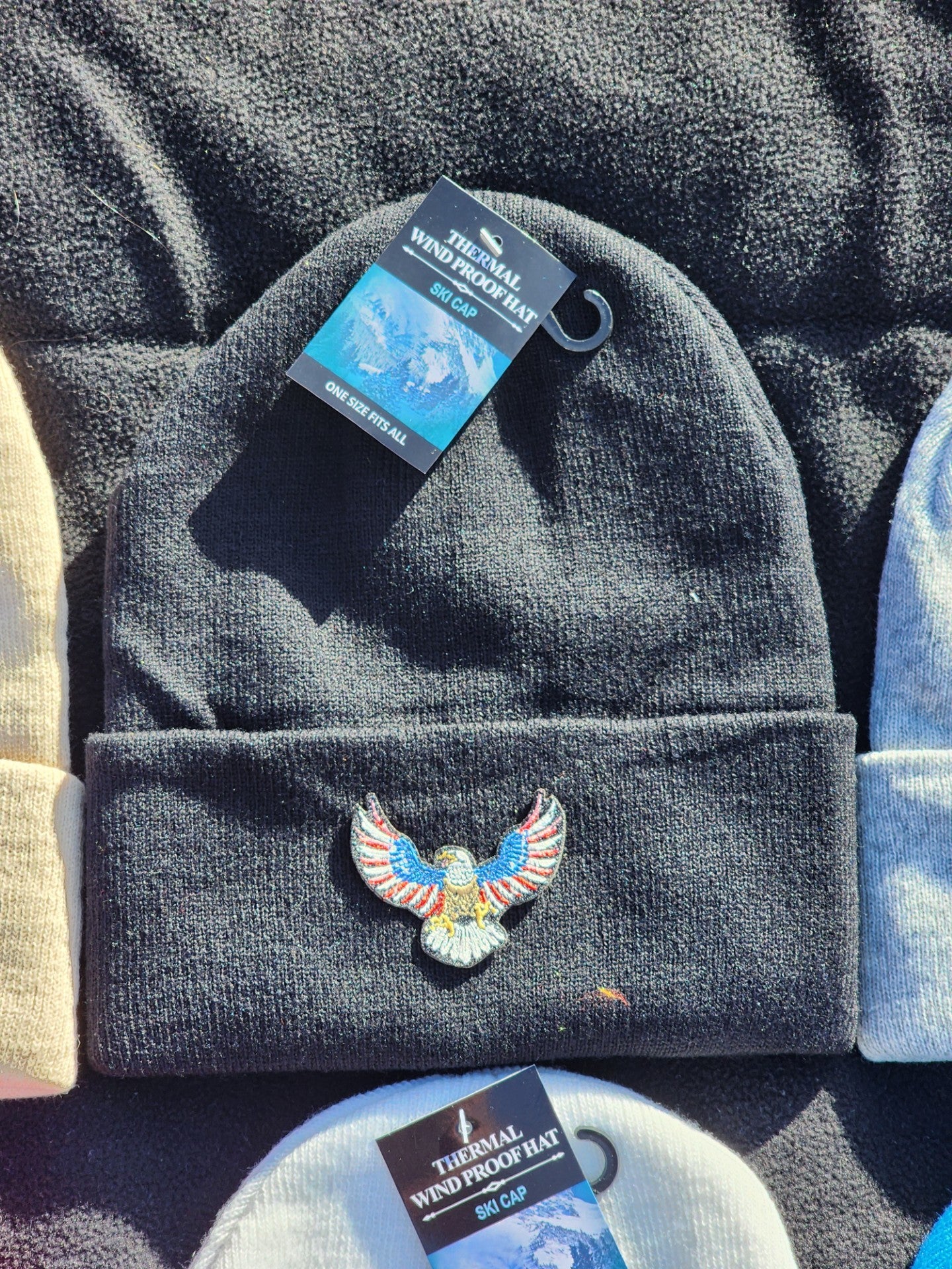 American Bald Eagle Flag Patched Knit Cuffed Beanie in Black