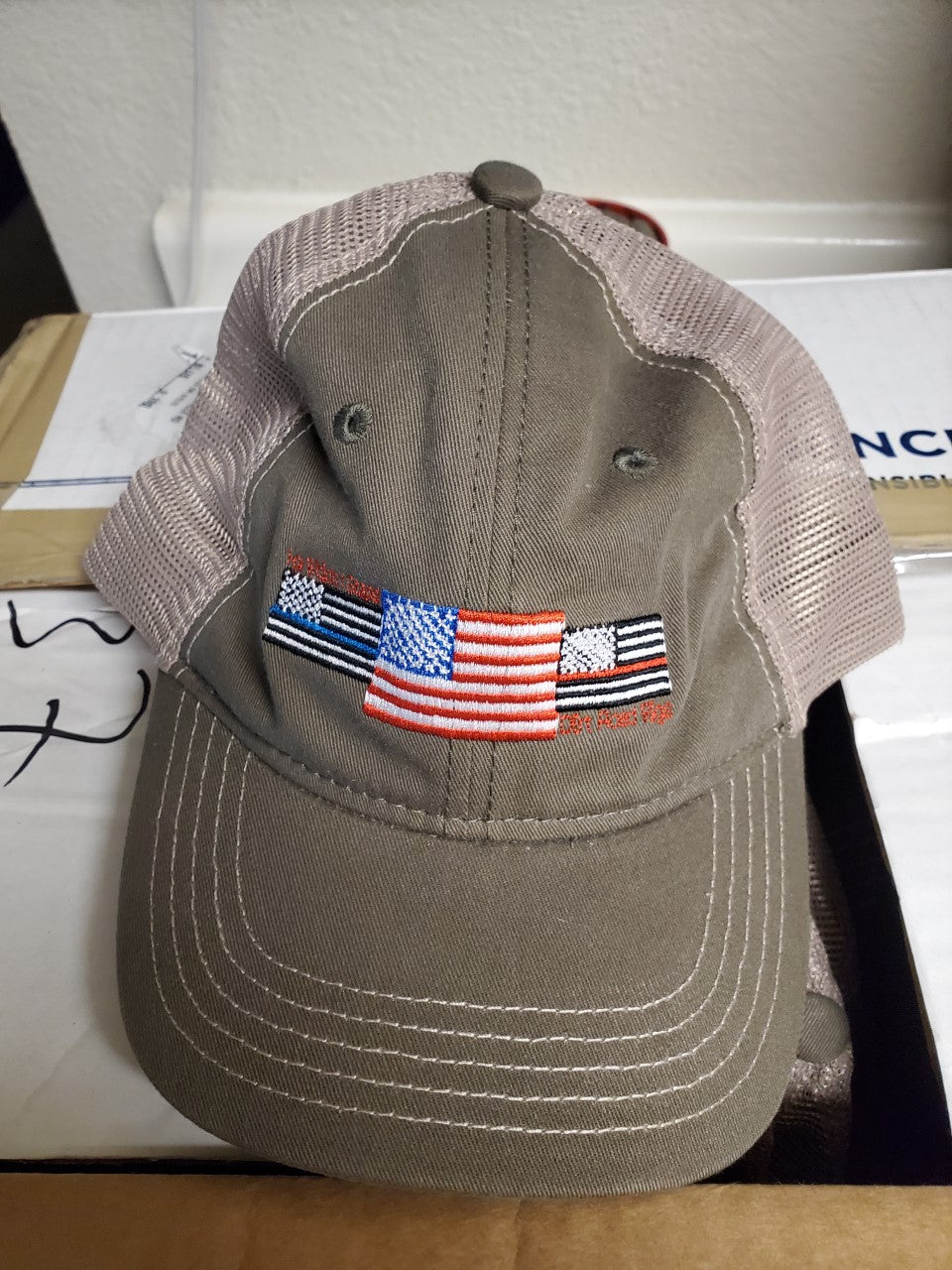 Three Flag (Red line flag for fire, Blue line Flag for police & American flag) For Which I Stand Trucker Ha