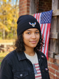 American Bald Eagle Flag Patched Knit Cuffed Beanie in Black