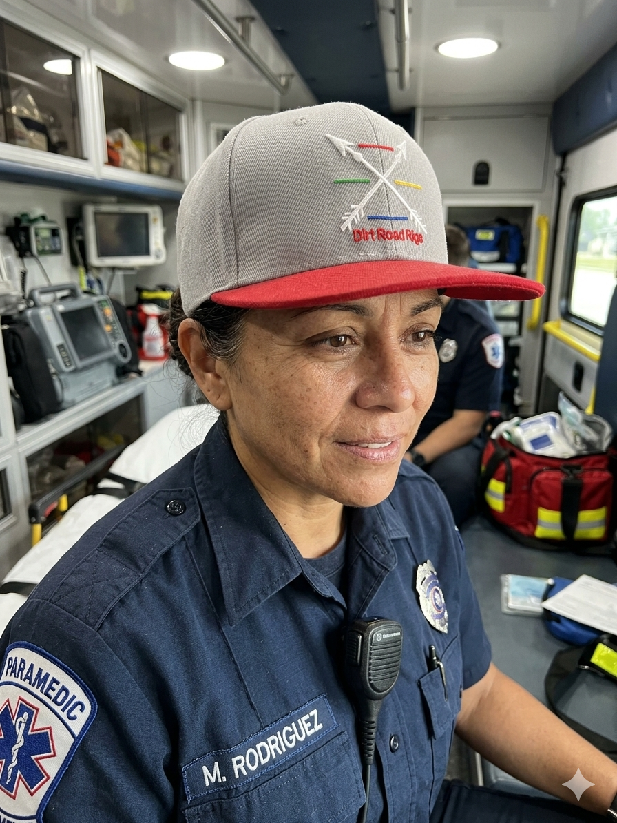 First Responders 4 Line (Red-Fire, Blue-Police, Green-Armed Forces, Yellow-EMS) Arrows Hat. 6 panel, flat bill, snap back in gray & red