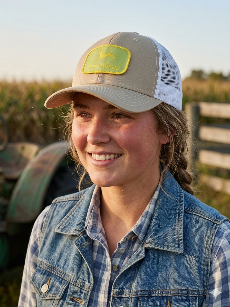 John Deere Patched Khaki White Mesh Snapback Trucker Hat