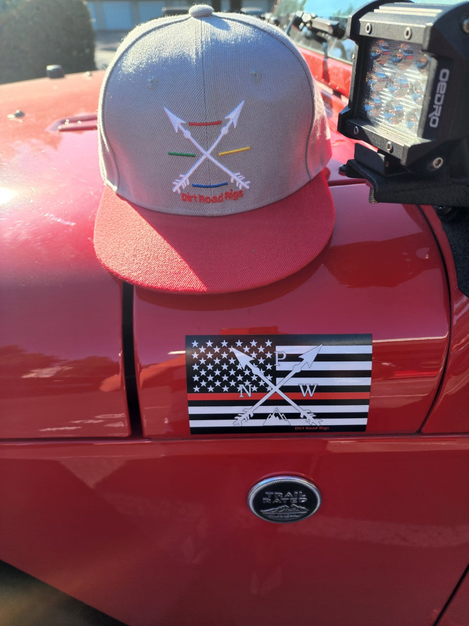 First Responders 4 Line (Red-Fire, Blue-Police, Green-Armed Forces, Yellow-EMS) Arrows Hat. 6 panel, flat bill, snap back in gray & red