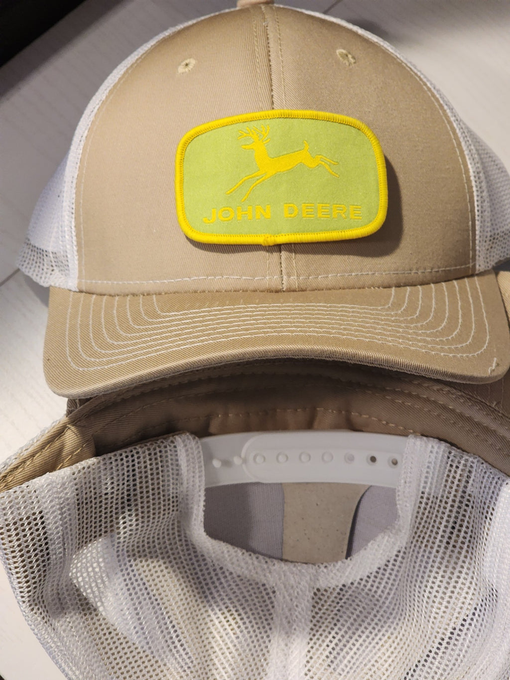 John Deere Patched Khaki White Mesh Snapback Trucker Hat