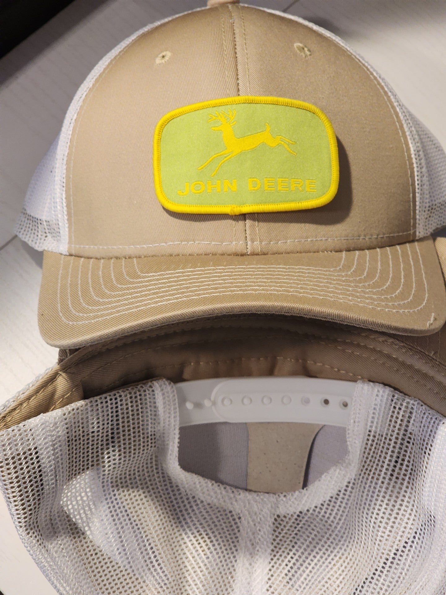 John Deere Patched Khaki White Mesh Snapback Trucker Hat