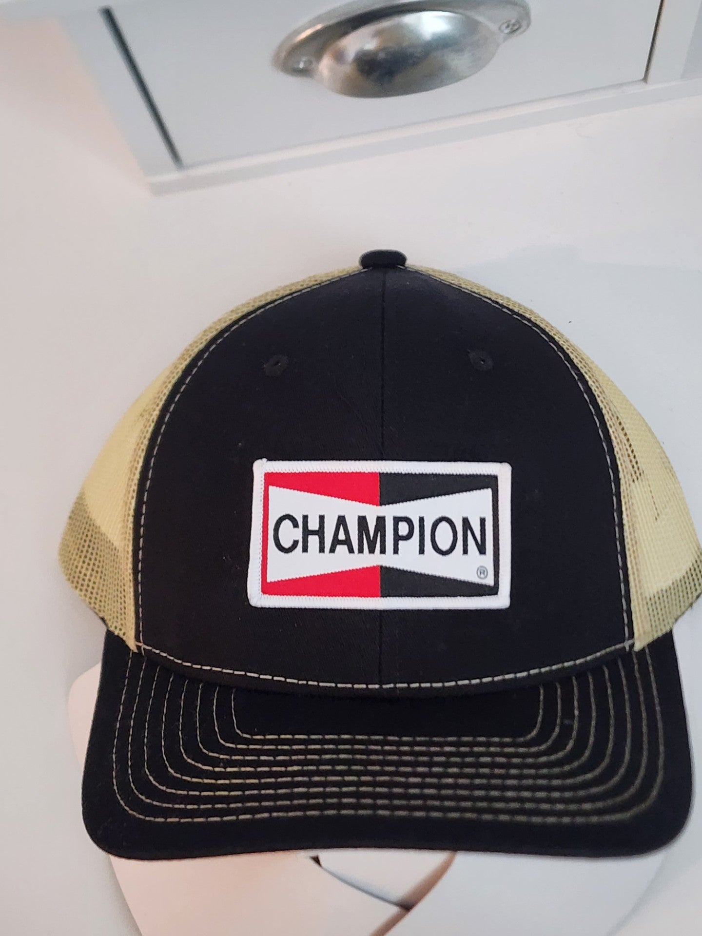 CHAMPION Patched Black/Vegas Gold Mesh Snapback Trucker Hat