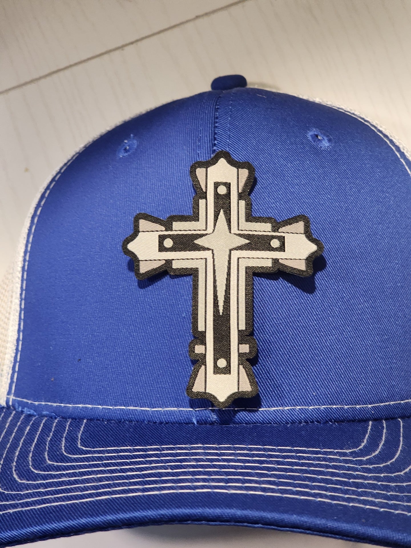 Silver Cross Patched Royal Blue/White Mesh Snapback Trucker Hat
