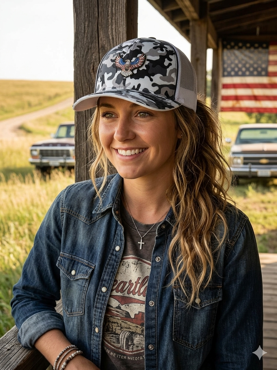 American Eagle Patched Pacific Headwear Snow Camo Flexfit Trucker Hat